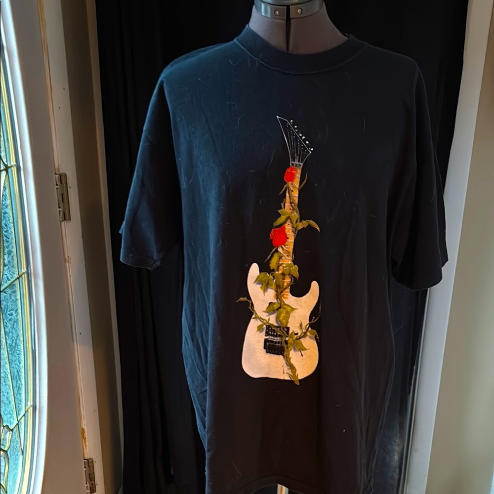 Black Tee with Guitar and Rose Design
